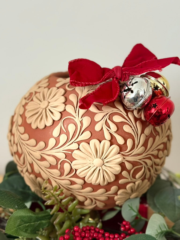 Allover Flower Design Intricate Clay Vase - No Neck