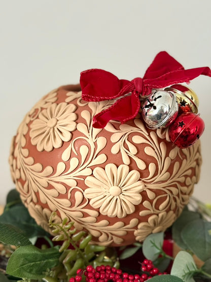 Allover Flower Design Intricate Clay Vase - No Neck