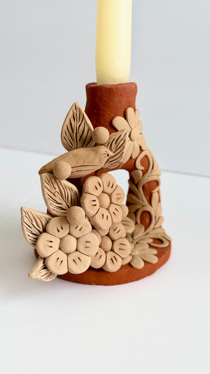 Handmade Clay Floral/Birds Candleholder - Two Tone