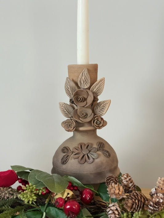 Smoked Clay Candleholder - 3D Flowers