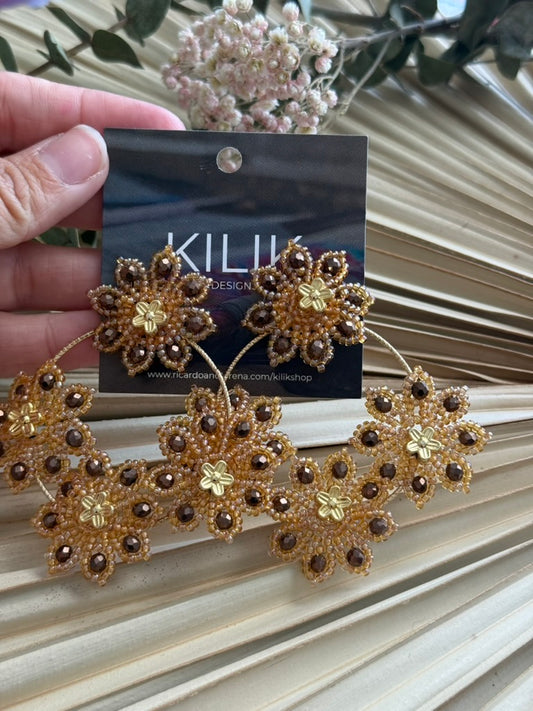 Gold/Brown Beaded Hoop Earrings