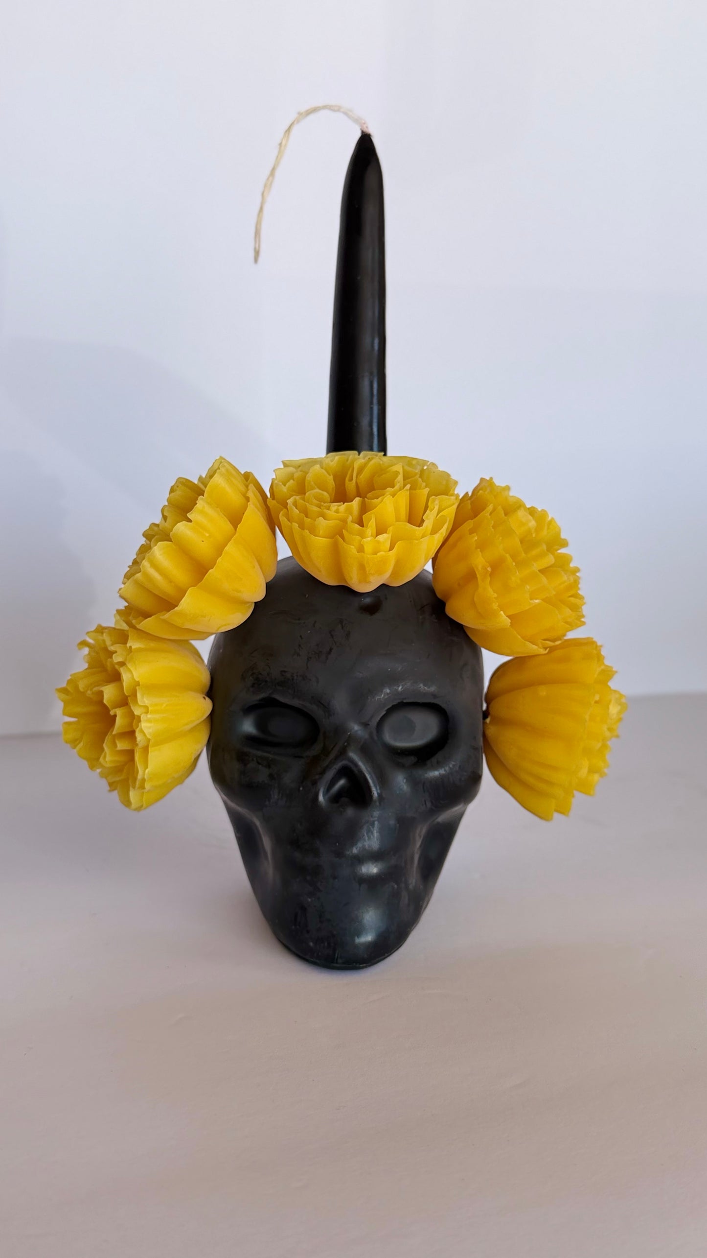 Handmade Beeswax Calavera Candle - Cempasuchil Yellow/Black