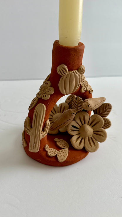 Handmade Clay Floral/Cactus Candleholder - Two Tone 2