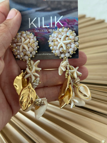 Beaded Seashell Earrings - Cream/Gold