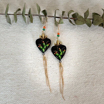 Black/Cactus Sacred Heart Long Earrings