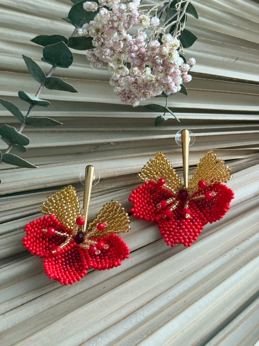 3D Beaded Earrings - Gold/Red