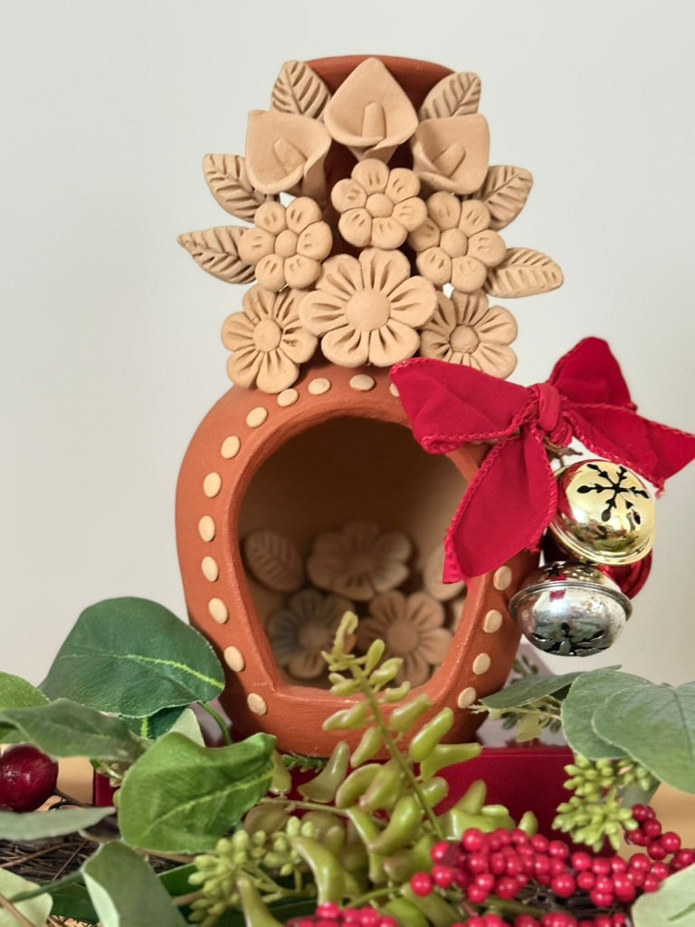 Handcrafted Clay Chimney Candle Holder with 3D Floral Detail - Calla Lilies