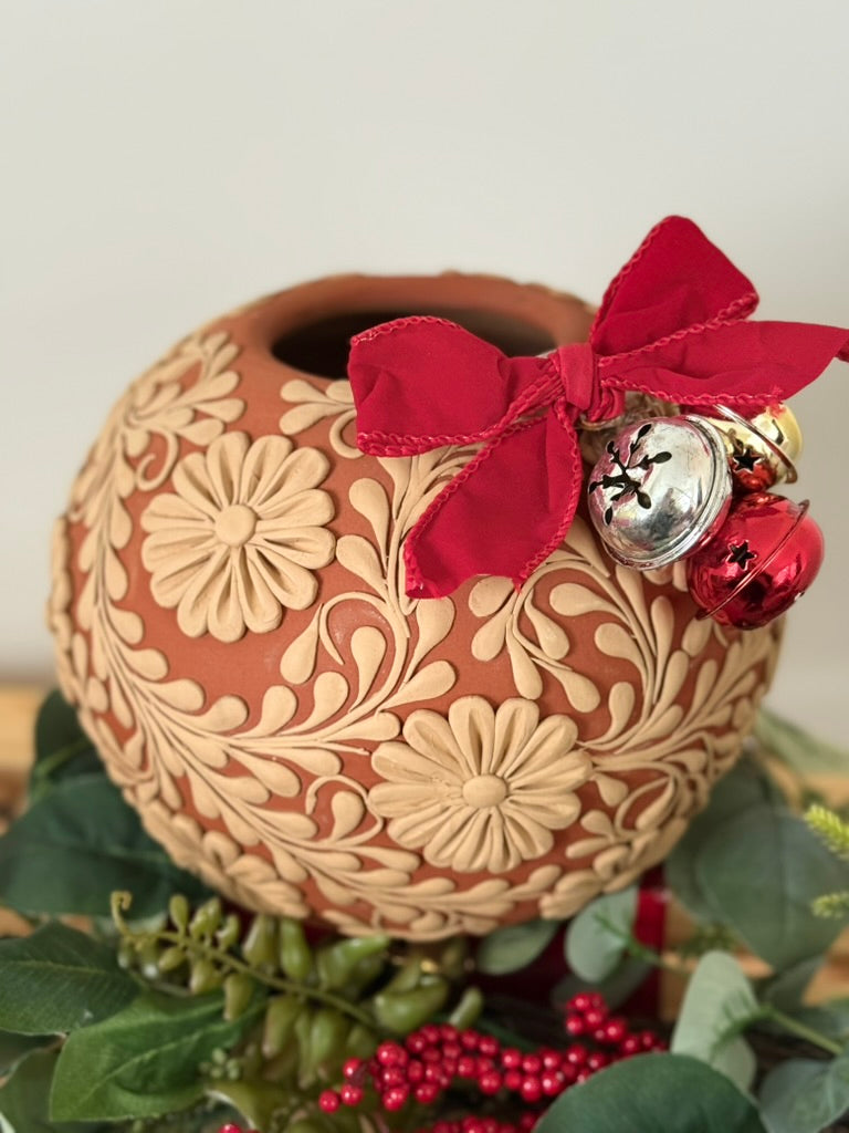 Allover Flower Design Intricate Clay Vase - No Neck