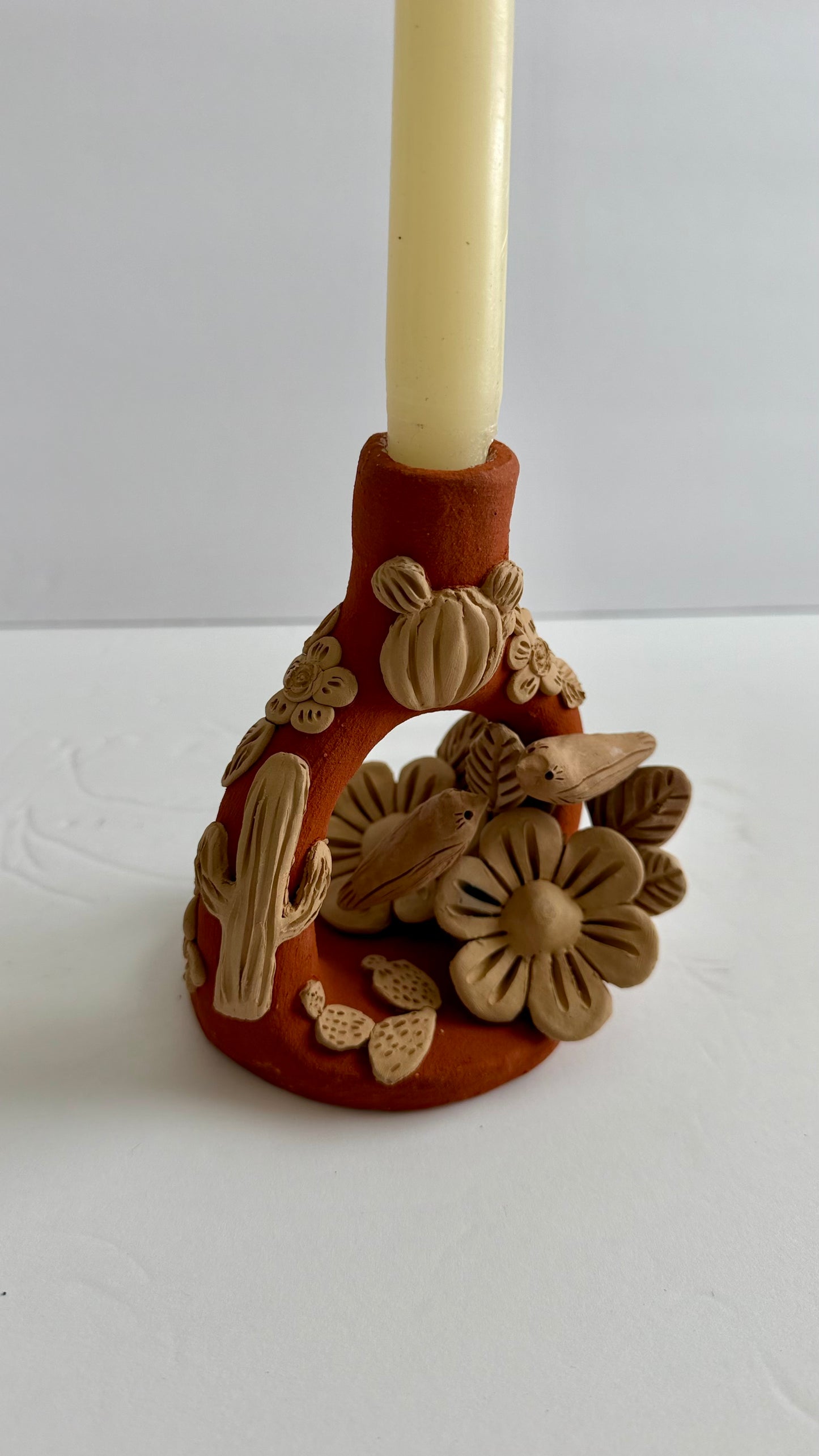 Handmade Clay Floral/Cactus Candleholder - Two Tone 2
