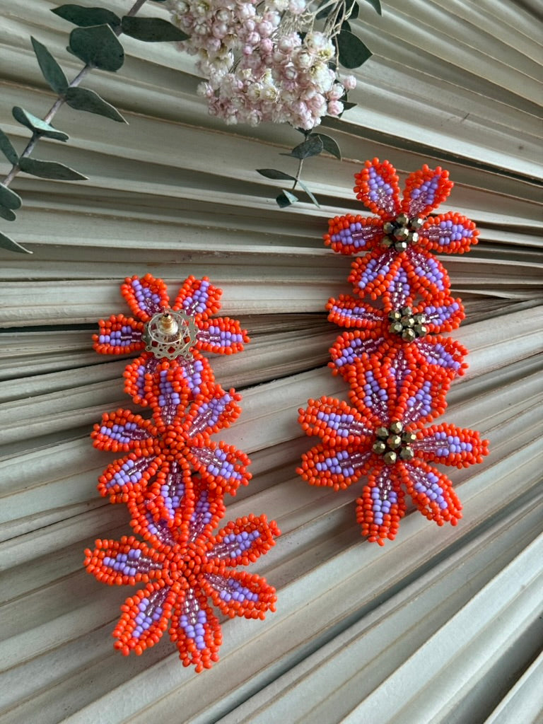 Beaded Flower Earrings - Orange