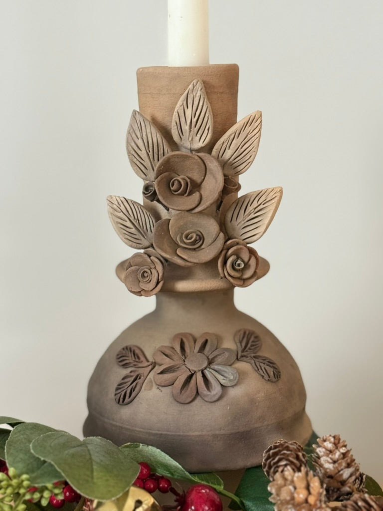 Smoked Clay Candleholder - 3D Flowers