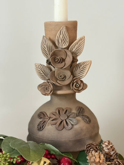 Smoked Clay Candleholder - 3D Flowers