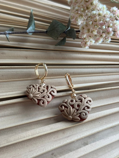 Clay Embroidered Heart Earrings