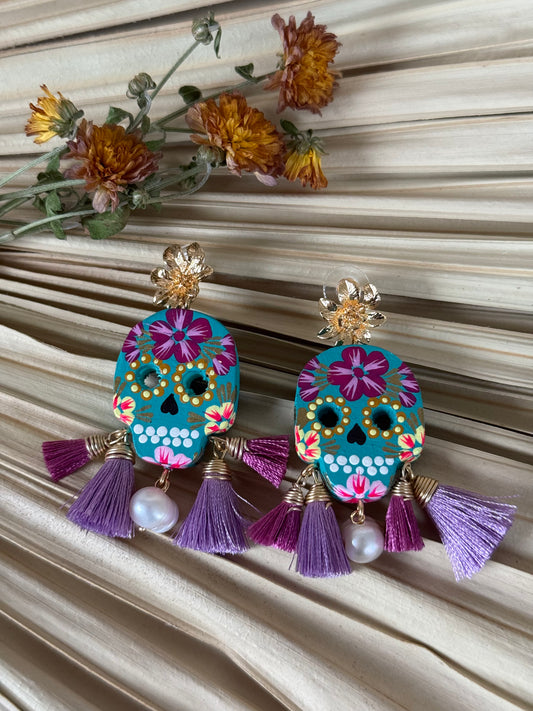 Wooden Catrina Earrings - Teal/Purple