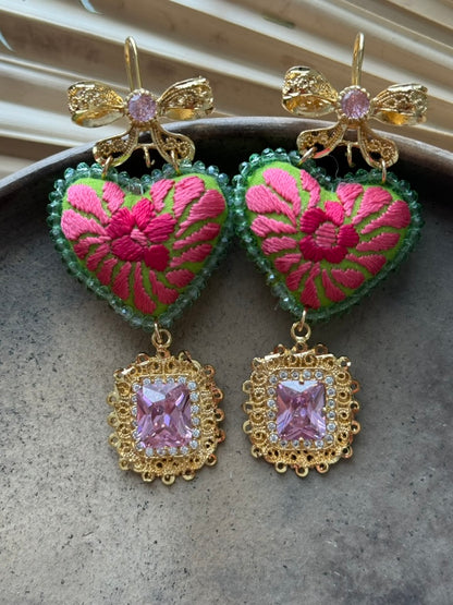 Hand Embroidered Heart Shaped Earrings - Pink/Green