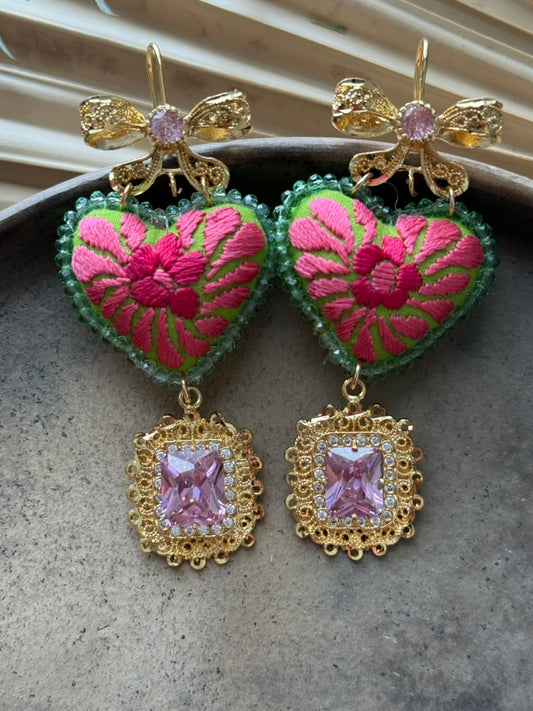 Hand Embroidered Heart Shaped Earrings - Pink/Green