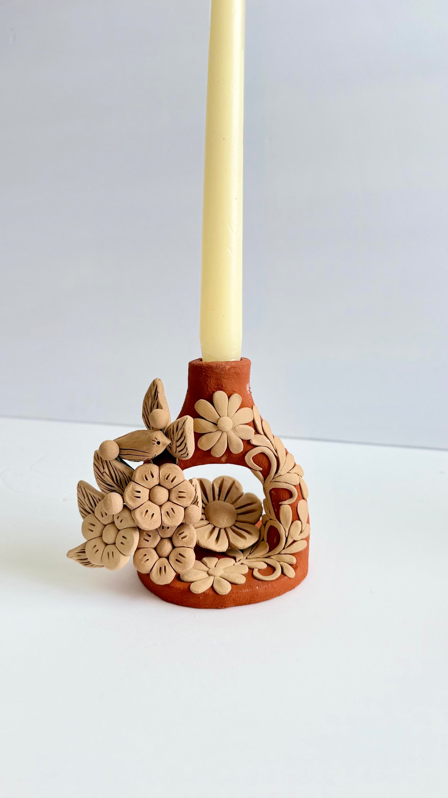 Handmade Clay Floral/Birds Candleholder - Two Tone