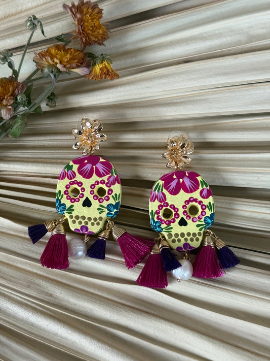 Wooden Catrina Earrings - Yellow/Magenta