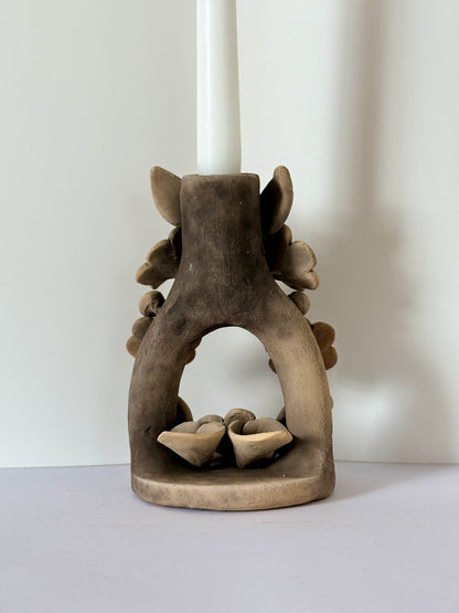 Handmade Clay Floral Candleholder - Smoked
