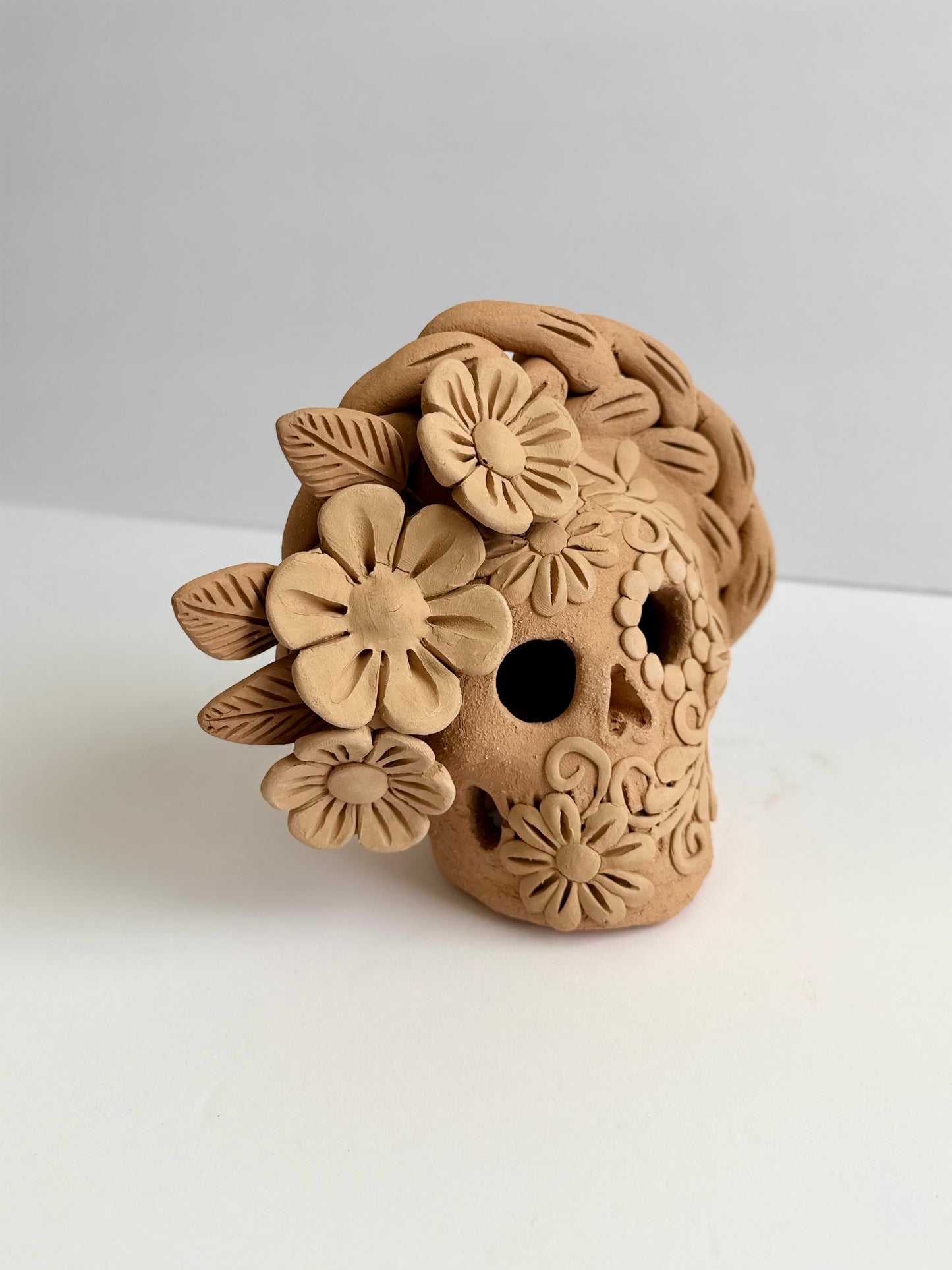 Embroidered/3D Flowers Dia De Muertos Skull - Natural
