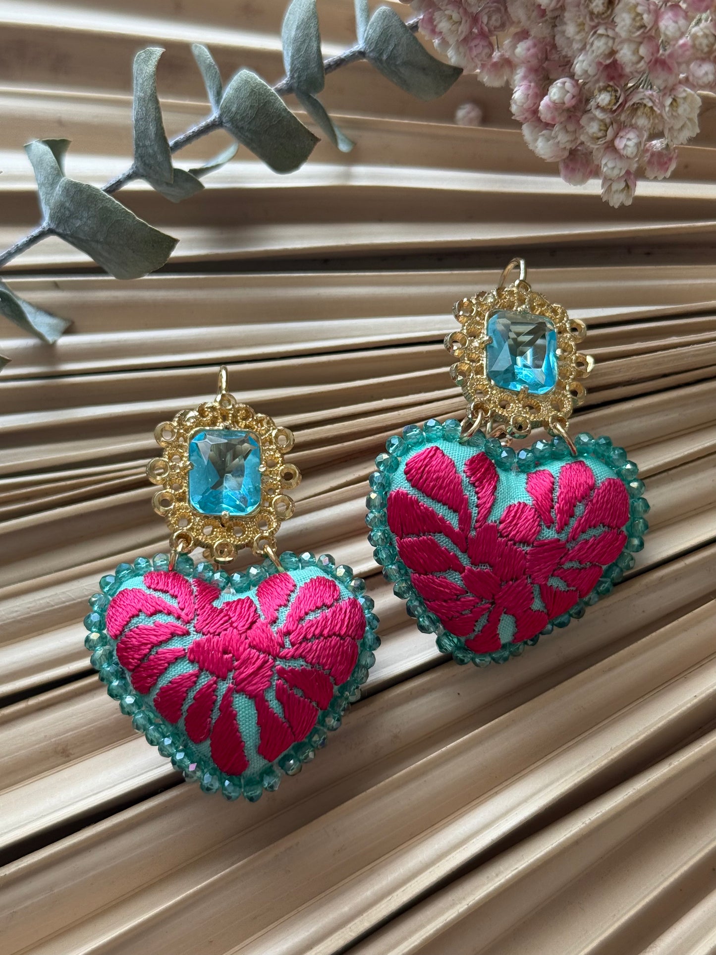 Hand Embroidered Heart Shaped Earrings - Caribbean Blue/Magenta