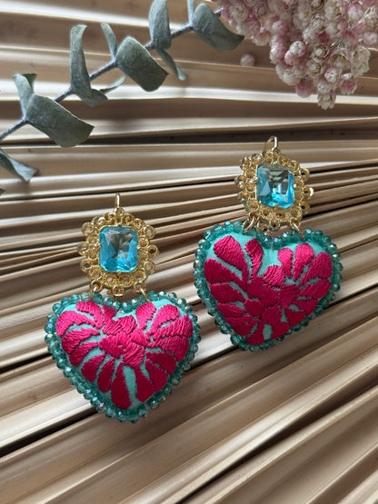 Hand Embroidered Heart Shaped Earrings - Caribbean Blue/Magenta