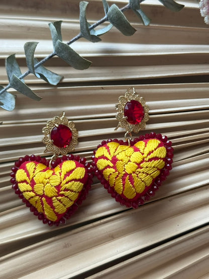 Hand Embroidered Heart Shaped Earrings - Red/Yellow