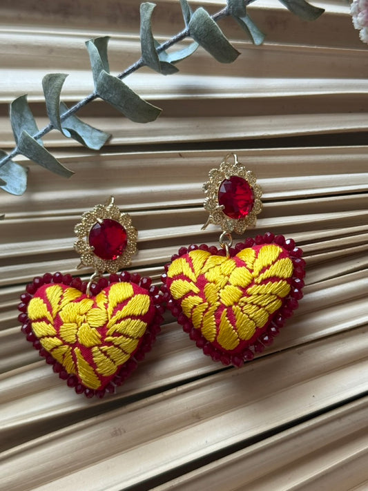 Hand Embroidered Heart Shaped Earrings - Red/Yellow