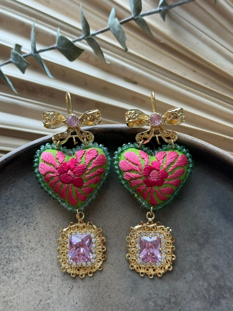 Hand Embroidered Heart Shaped Earrings - Pink/Green