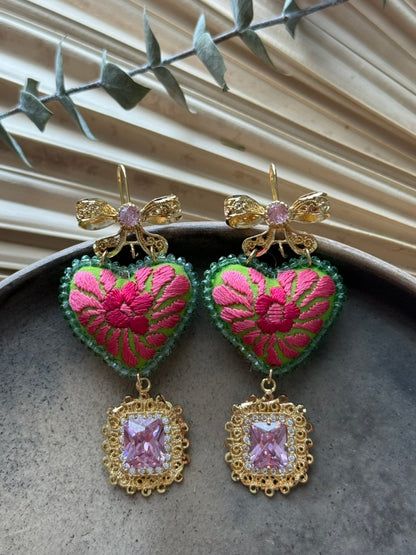 Hand Embroidered Heart Shaped Earrings - Pink/Green