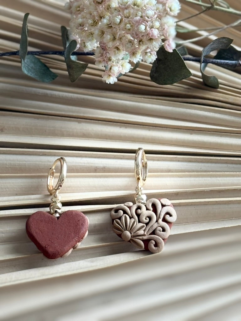 Clay Embroidered Heart Earrings