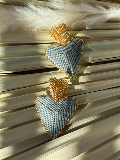 Grey/Gold Miyuki Beaded Heart Earrings