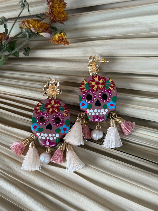 Wooden Catrina Earrings - Powder Pink/Red