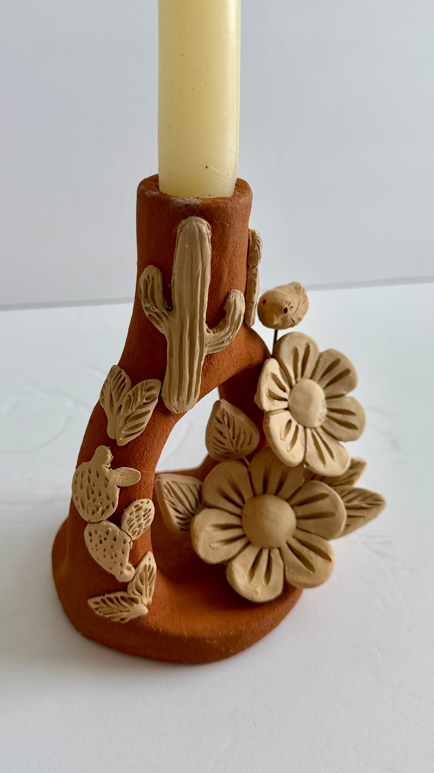 Handmade Clay Floral/Cactus Candleholder - Two Tone