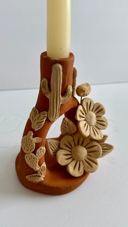 Handmade Clay Floral/Cactus Candleholder - Two Tone