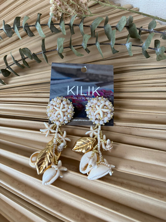 Beaded Seashell Earrings - Cream/Gold