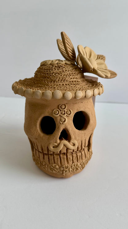 Embroidered/3D Flowers w/Hat Dia De Muertos Skull - Natural