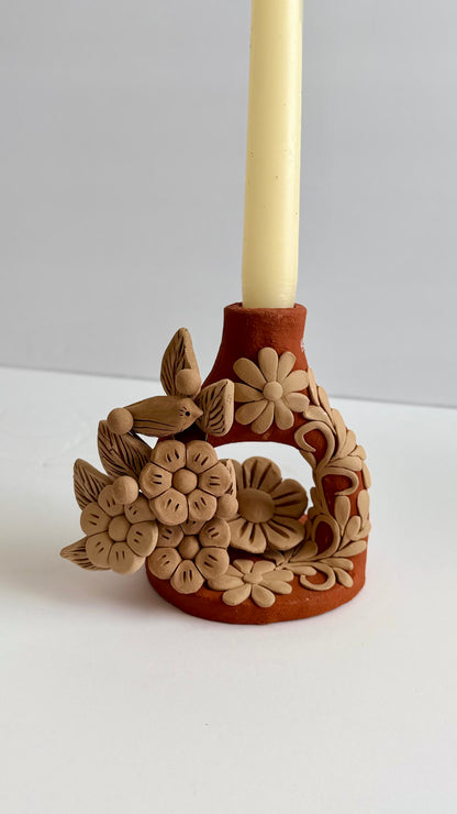 Handmade Clay Floral/Birds Candleholder - Two Tone