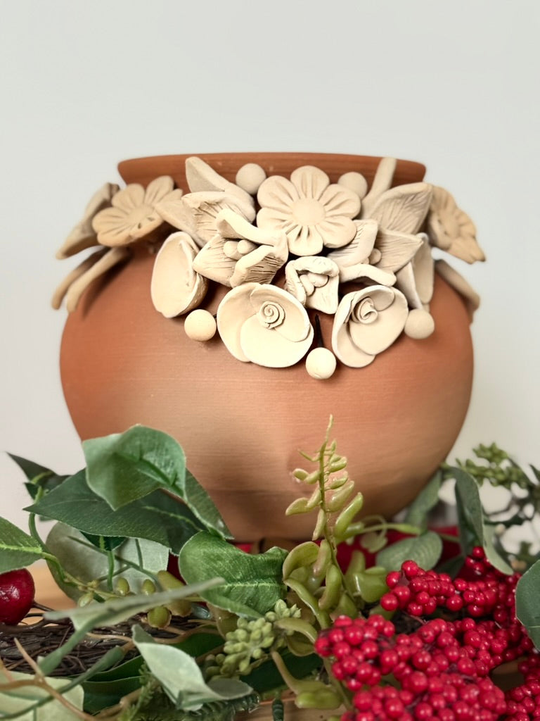 Intricate Clay Vase - 3D Flower Neck