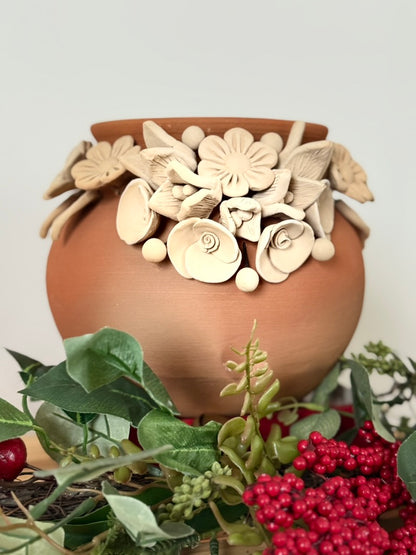 Intricate Clay Vase - 3D Flower Neck