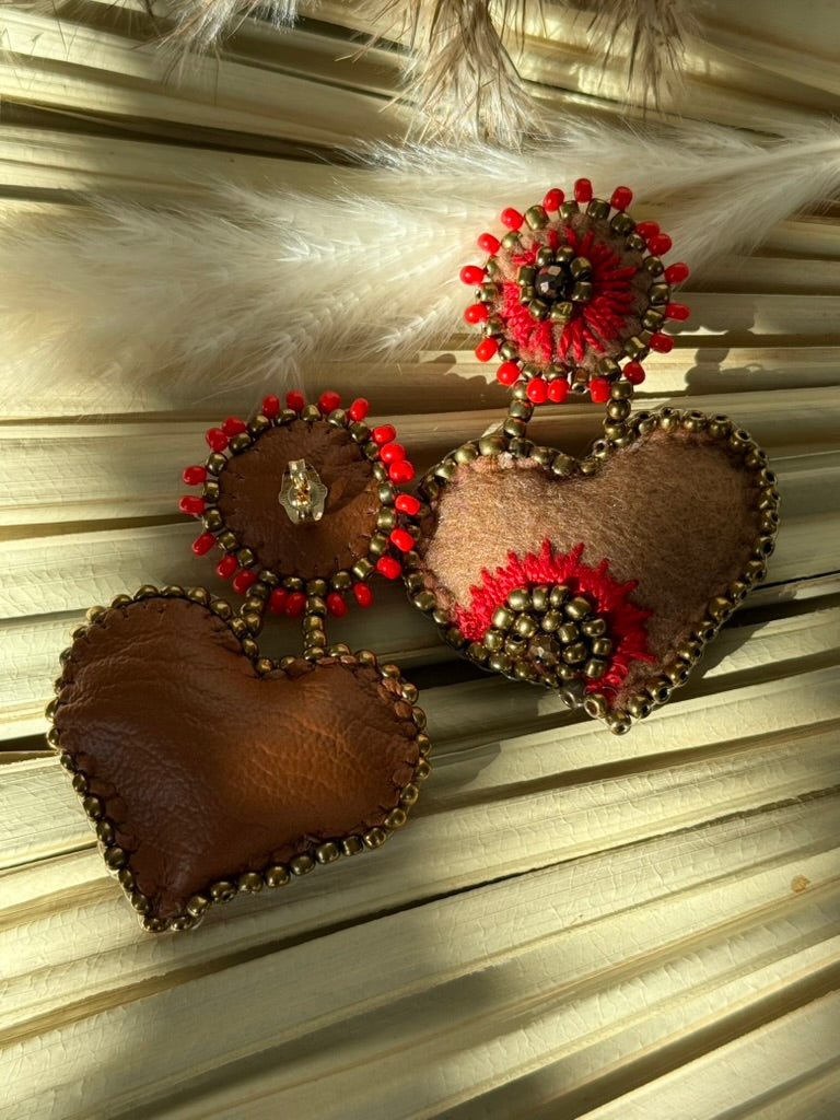 Heart Shaped Earrings - Brown/Red