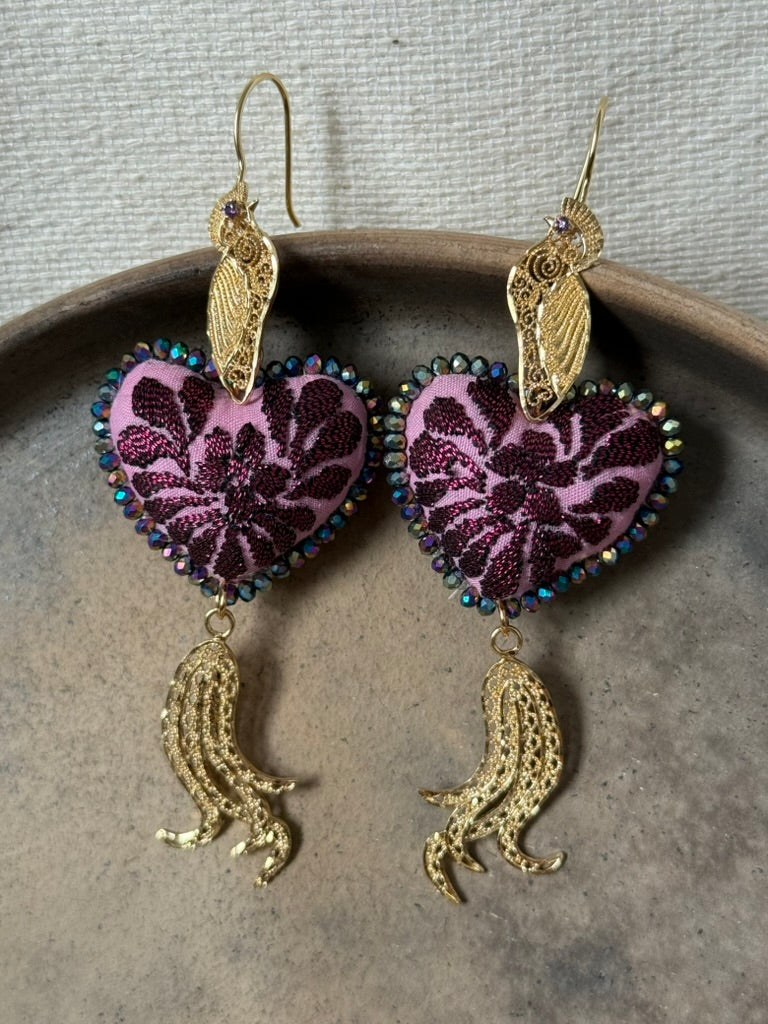 Hand Embroidered Heart Shaped Peacock Earrings
