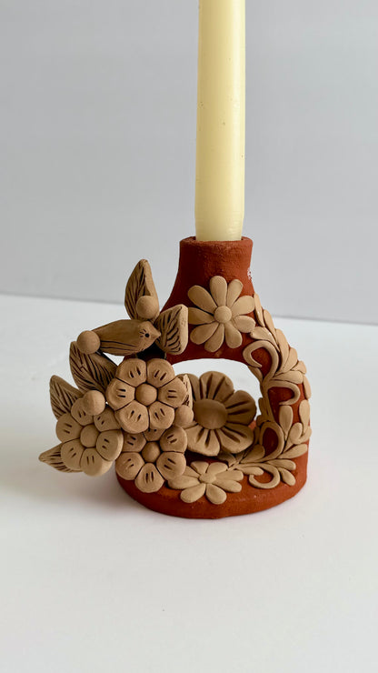 Handmade Clay Floral/Birds Candleholder - Two Tone