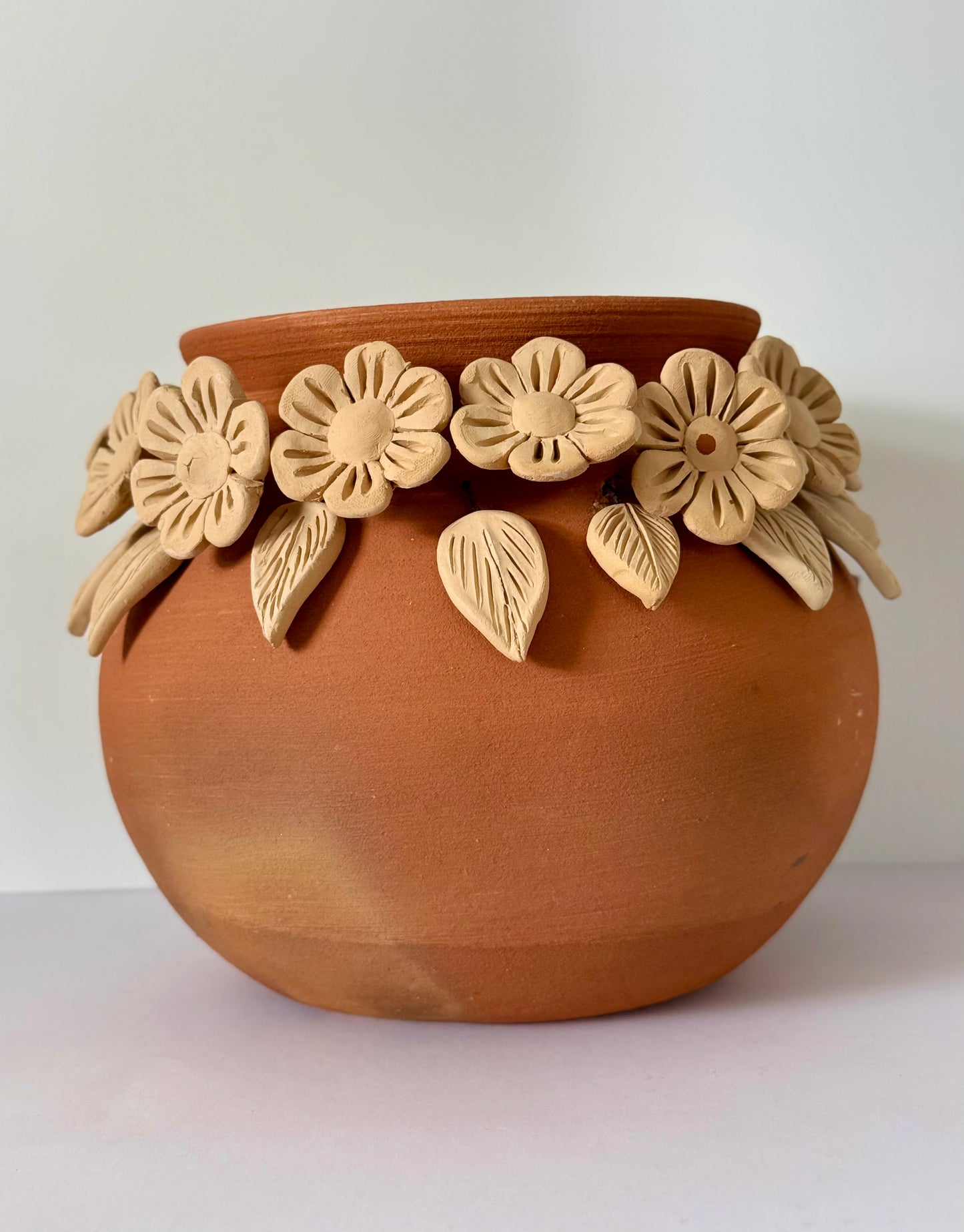 Intricate Clay Vase - 3D Flower Neck