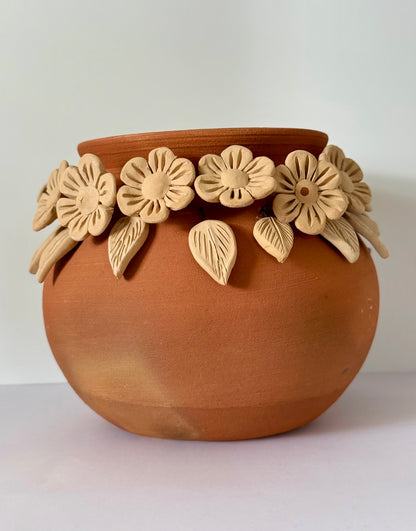 Intricate Clay Vase - 3D Flower Neck