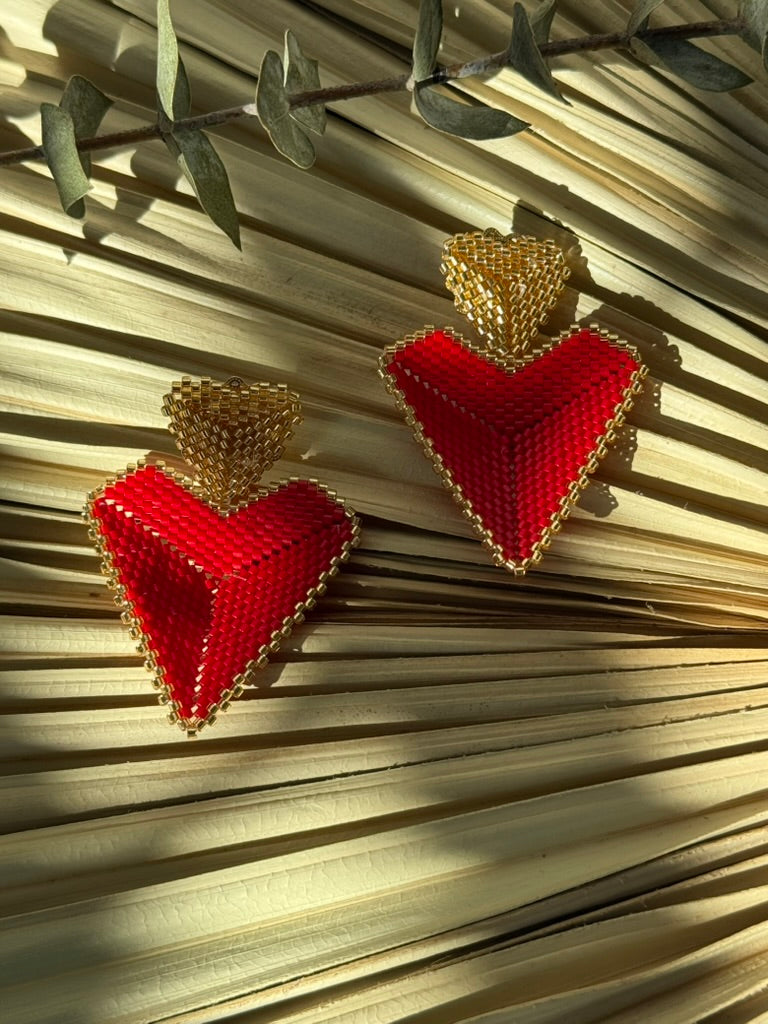 Red/Gold Miyuki Beaded Heart Earrings