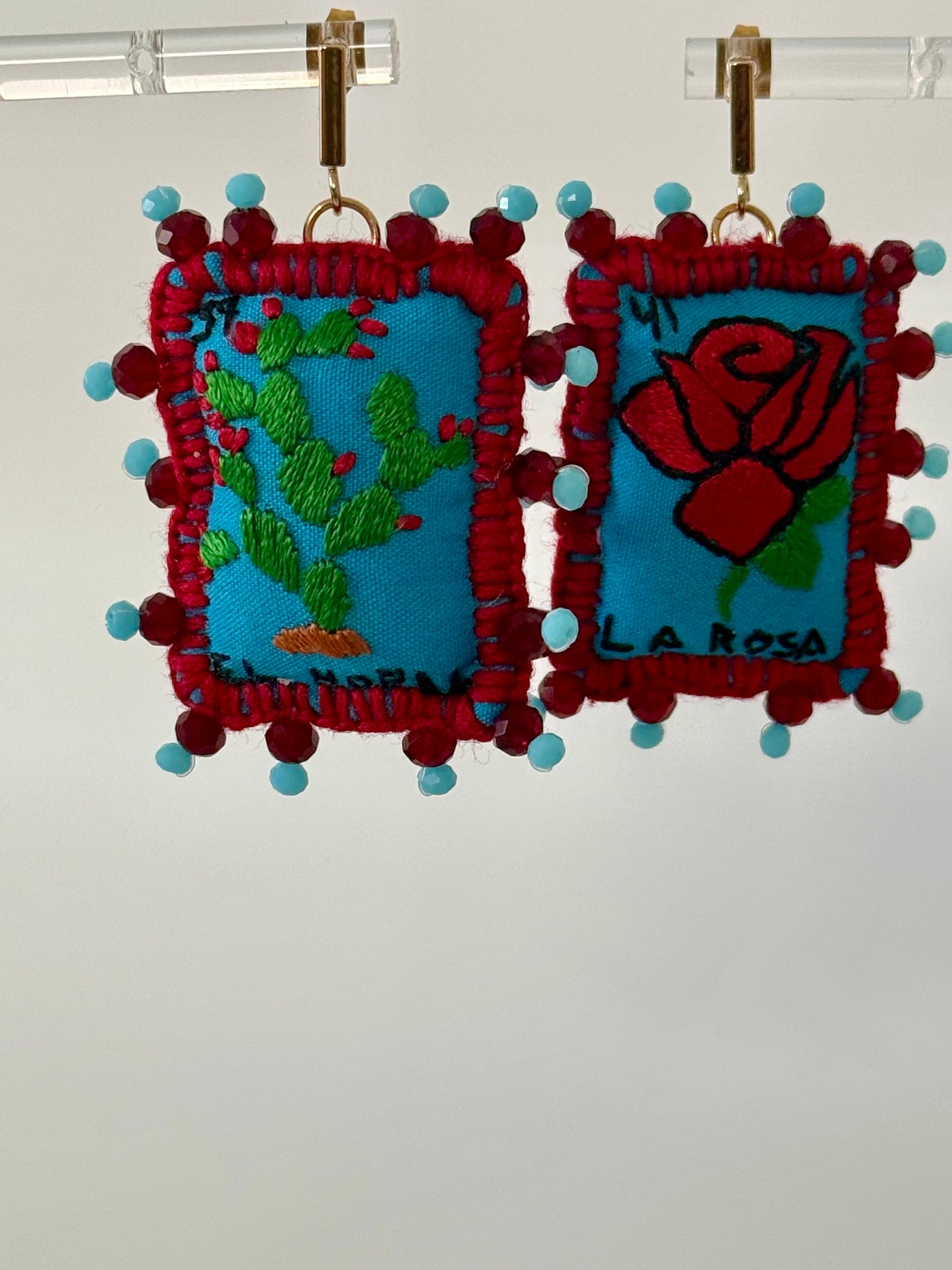 Blue/Red Loteria Earrings Nopal/Rosa
