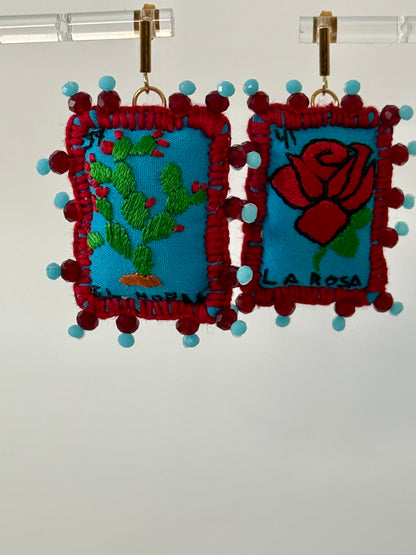 Blue/Red Loteria Earrings Nopal/Rosa
