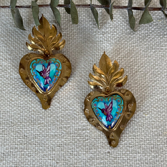 Purple Hummingbird Sacred Heart Earrings