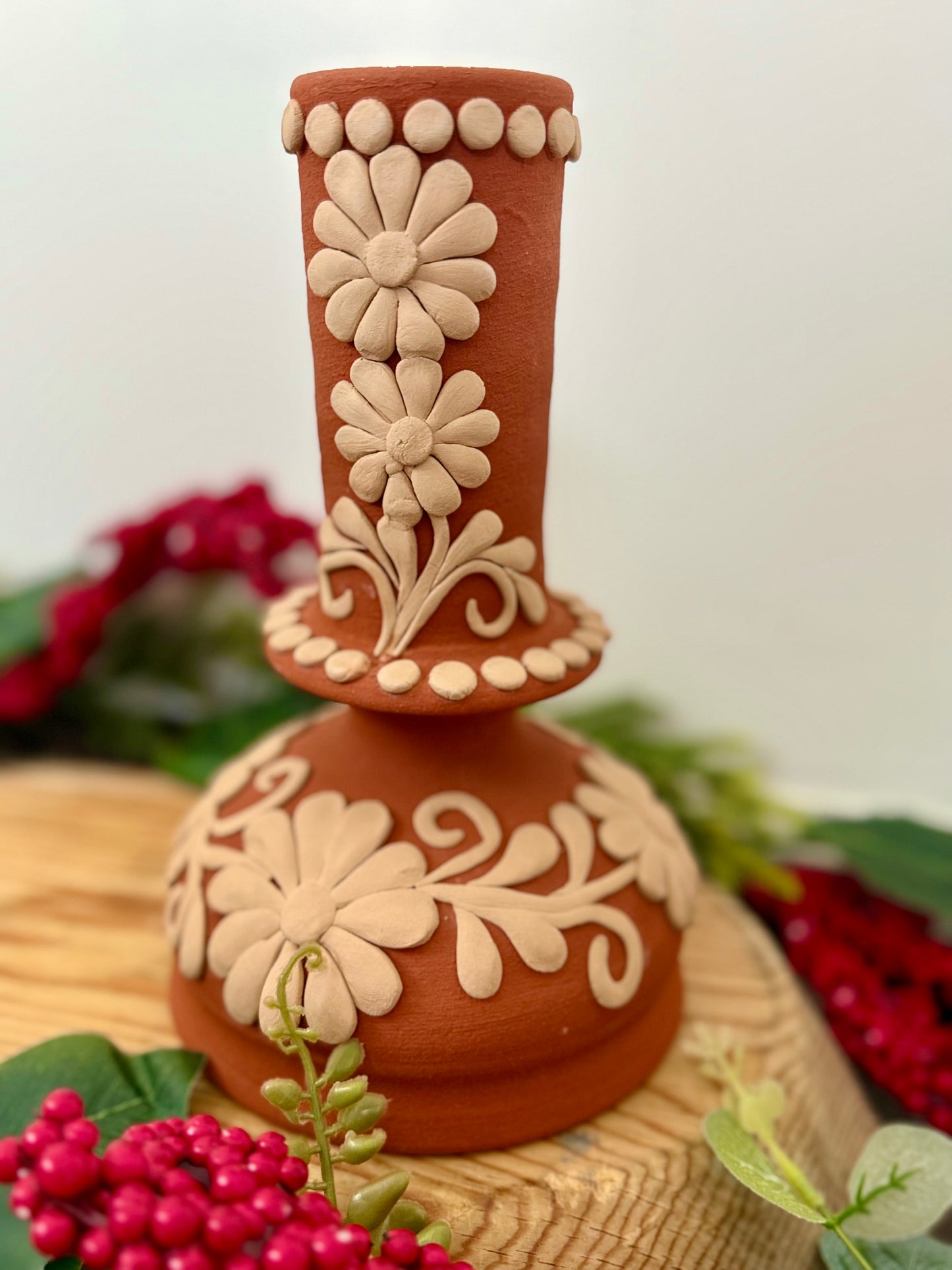 Red Clay Candleholder - Embroidered